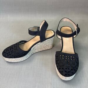 Skechers Womens 9 Black Espadrille Wedge Platform Sandals Canvas Eyelet Design